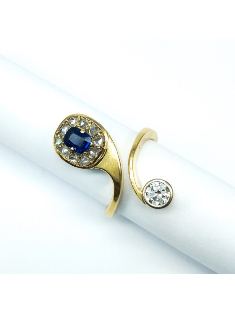 Zlatý prsten osazený přírodními diamanty 0,58 ct a přírodním safírem dobré kvality 0,48 ct