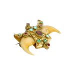 Starožitná stříbrná brož s tygřími drápy, tyrkysy a almandiny