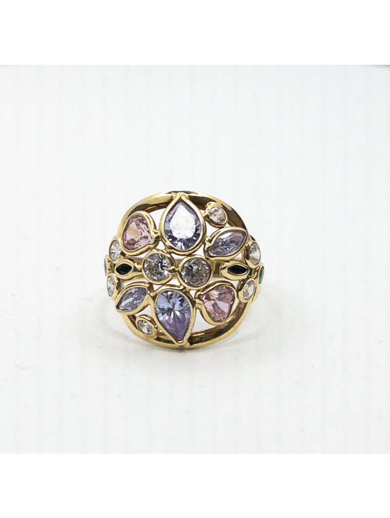 Zlatý prsten s ametysty, safíry a zelenými granáty