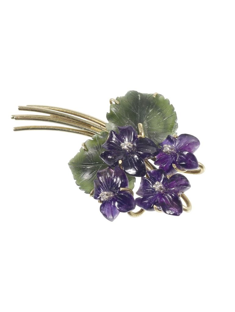 Zlatá brož s ametysty, nefrity a brilianty, kytička fialek