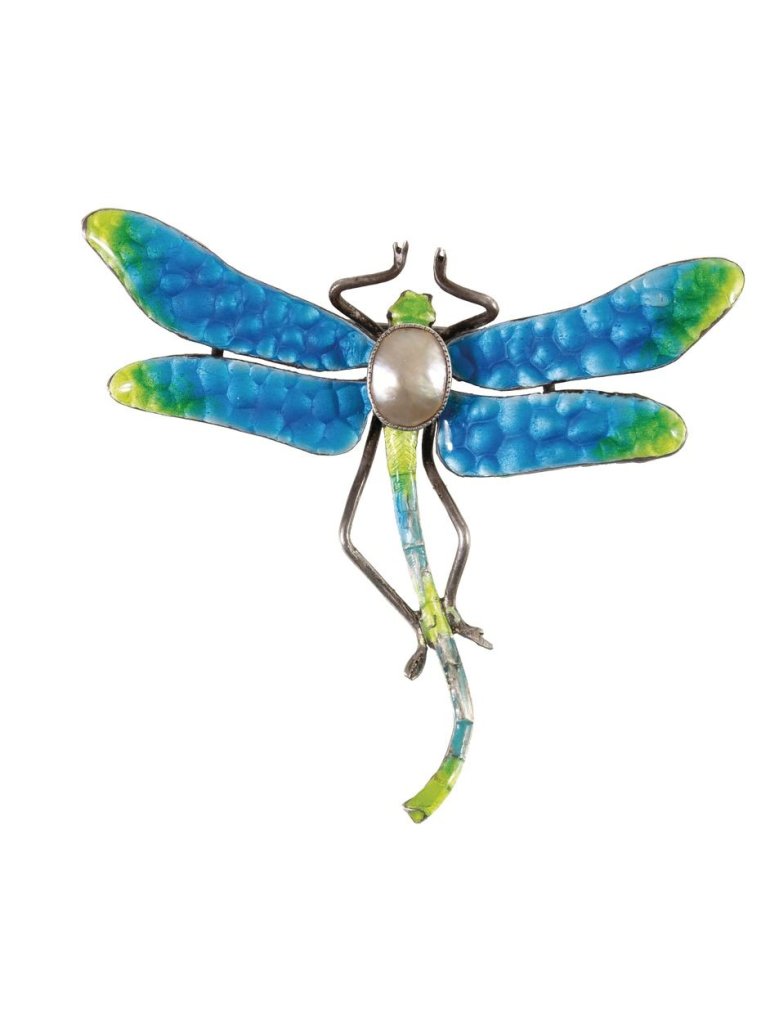 Stříbrná brož s barevným smaltem, Vážka